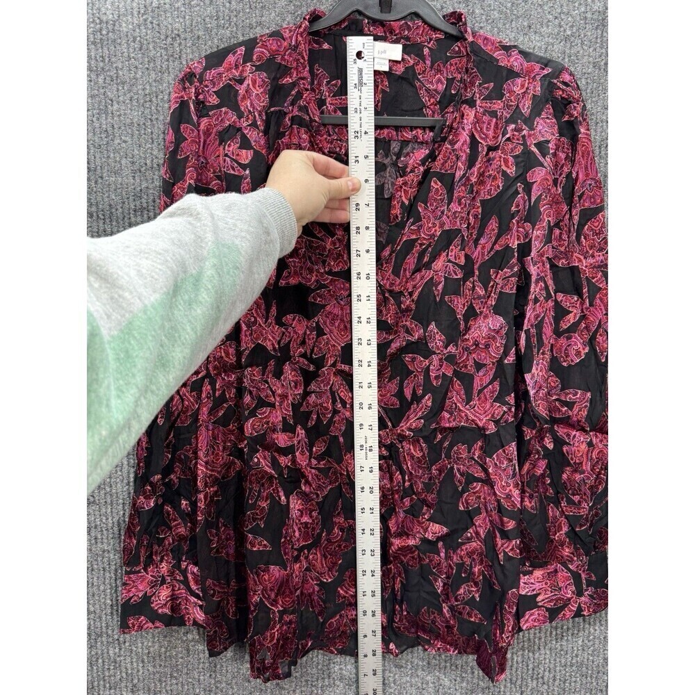 J. Jill Burnout Semi Sheer Top Womens Large Red Black Floral Button Long Sleeve - Picture 10 of 12